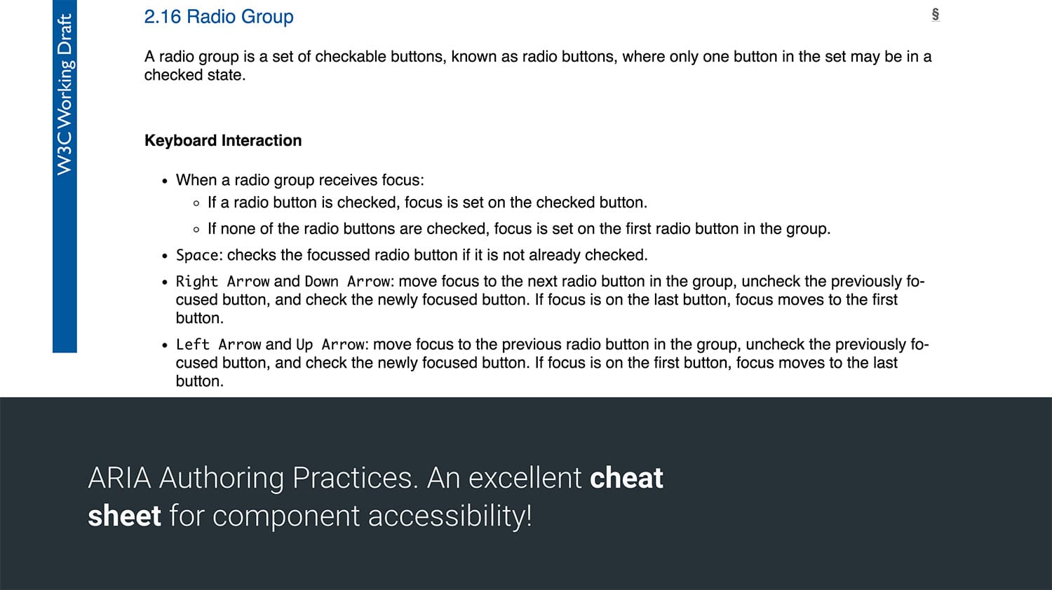 Auszug aus dem ARIA Authoring Practices Guide, in dem erläutert wird, wie eine Optionsfeldgruppe erstellt wird.