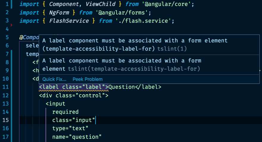 Capture d&#39;écran d&#39;un éditeur de code avec un problème d&#39;accessibilité signalé par Codelyzer.