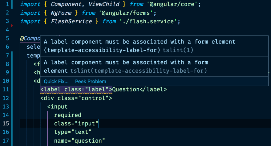 Captura de pantalla de un editor de código con un problema de accesibilidad marcado por Codelyzer.