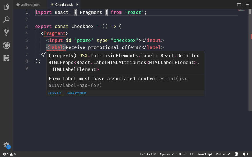 ภาพหน้าจอของตัวแก้ไขโค้ดที่มีปัญหาการช่วยเหลือพิเศษซึ่ง eslint-plugin-jsx-a11y แจ้งว่าไม่เหมาะสม