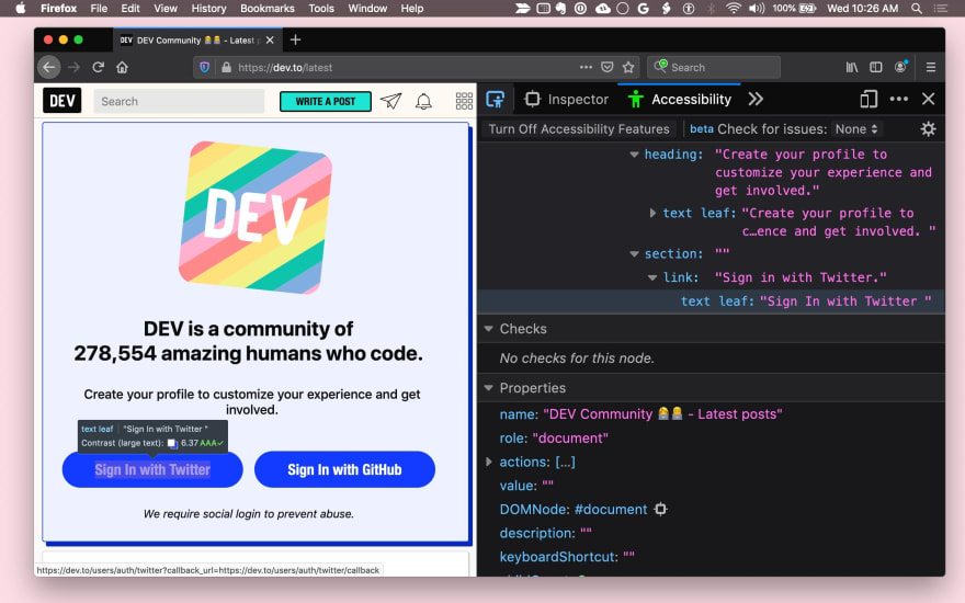 Firefox DevTools 中无障碍功能树状视图的屏幕截图。