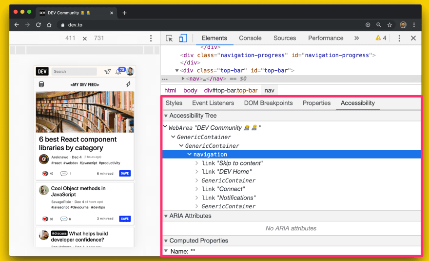 Chrome DevTools-এ অ্যাক্সেসিবিলিটি ট্রি ভিউ-এর স্ক্রিনশট।