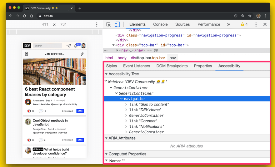 Screenshot tampilan hierarki aksesibilitas di Chrome DevTools.