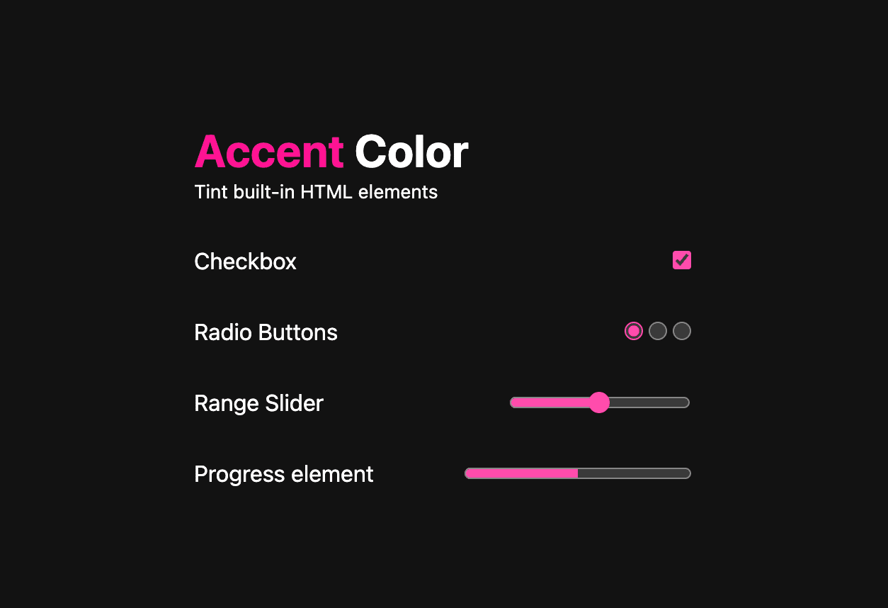 Capture d&#39;écran d&#39;une démo avec des couleurs d&#39;accentuation en thème sombre
    case à cocher, cases d&#39;option, curseur de plage et élément de progression
    sont toutes teintées de couleur rose.