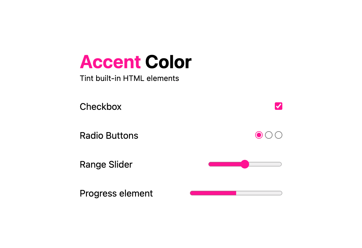 हल्के रंग वाली थीम का स्क्रीनशॉट, जिसमें ऐक्सेंट के रंग के डेमो का इस्तेमाल किया गया है,
    चेकबॉक्स, रेडियो बटन, रेंज स्लाइडर, और प्रोग्रेस एलिमेंट
    सभी रंगत वाले हॉटपिंक हैं.