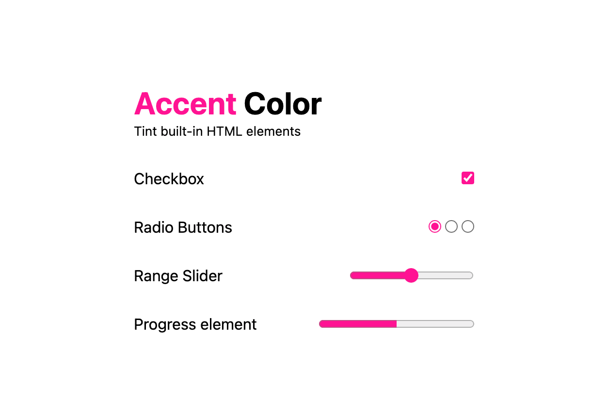 アクセント カラーのデモのライトモードのスクリーンショット。
    チェックボックス、ラジオボタン、範囲スライダー、進行状況要素
    すべてがホットピンクの色合いになっています