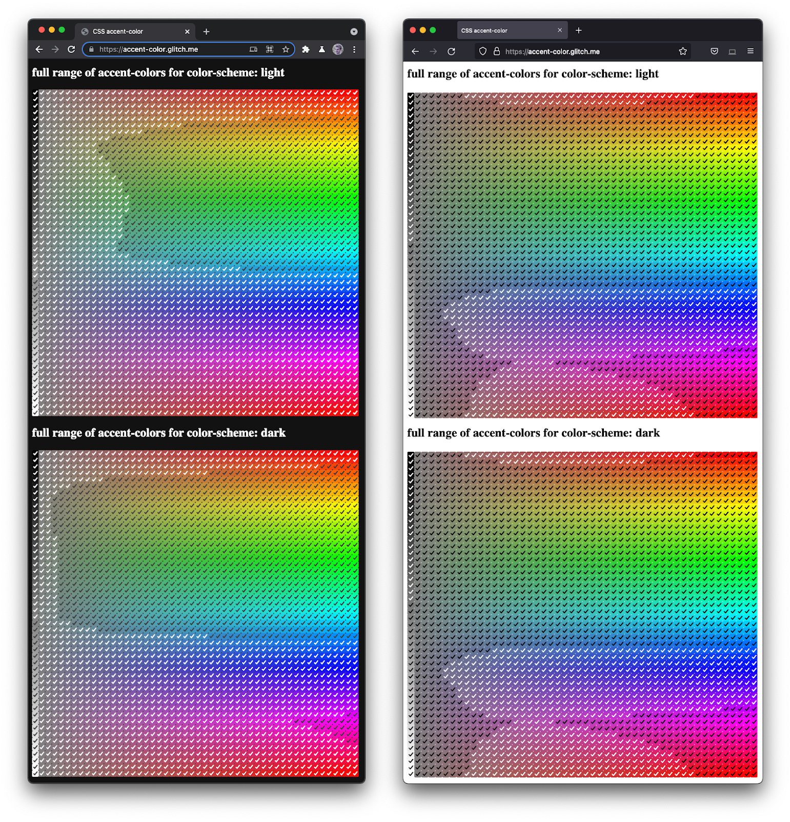 A screenshot of Firefox and Chromium side by side,
  rendering a full spectrum of checkboxes in various hues and darknesses.