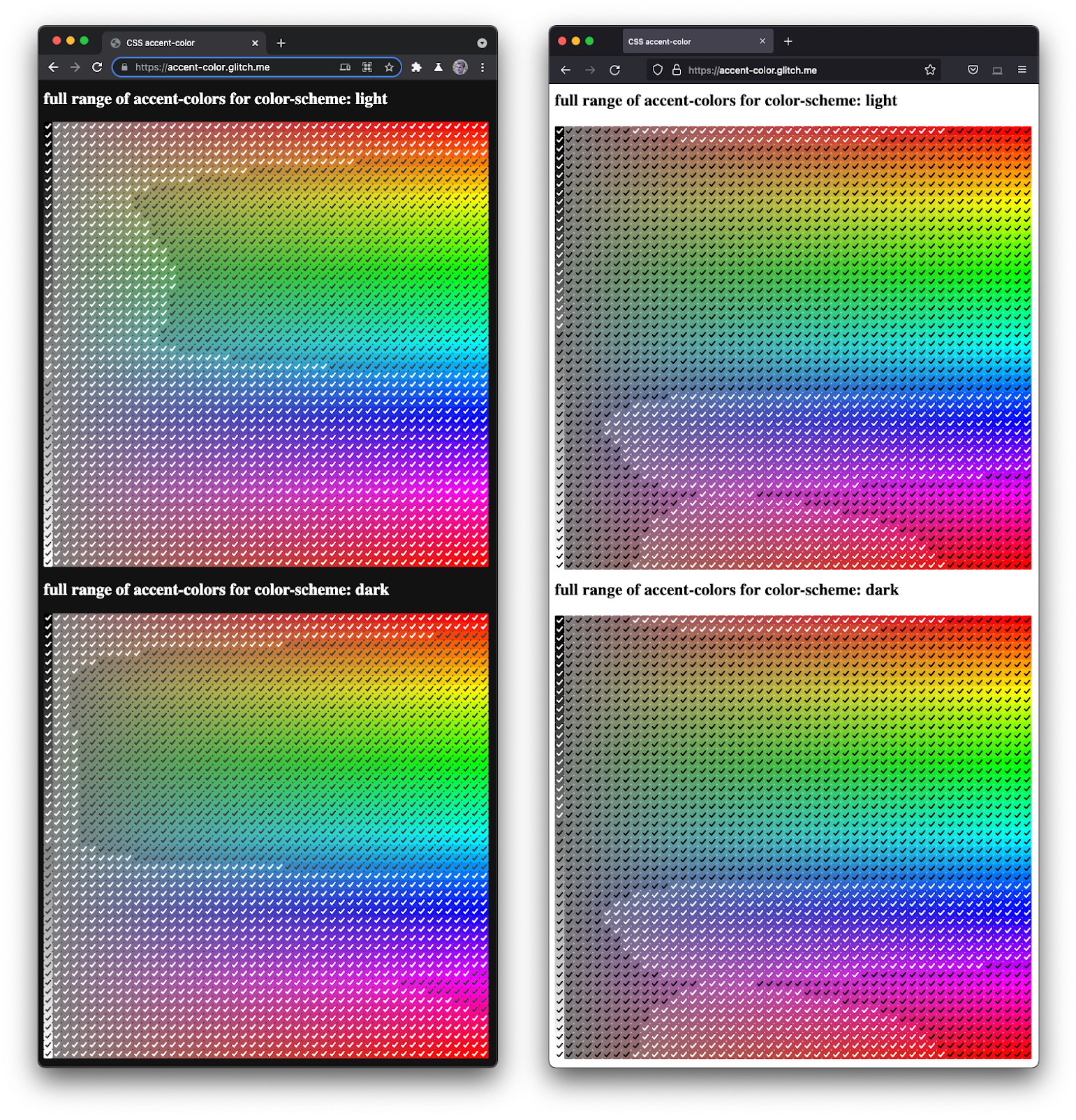 Firefox와 Chromium이 나란히 표시된 스크린샷
  다양한 색조와 어두움으로 전체 스펙트럼을 렌더링합니다.