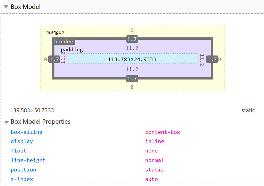 a 要素のサイズが表示されている Firefox DevTools の [Layout] パネル