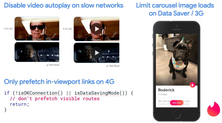 Uma captura de tela das duas versões do chat do Tinder: um vídeo com reprodução automática e um vídeo com o botão &quot;Assistir&quot; sobreposto. Captura de tela de um perfil do Tinder com a legenda &quot;Limitar imagens de carrossel na Economia de dados ou 3G&quot;. Um snippet de código para fazer a pré-busca de vídeos na janela de visualização somente em 4G.