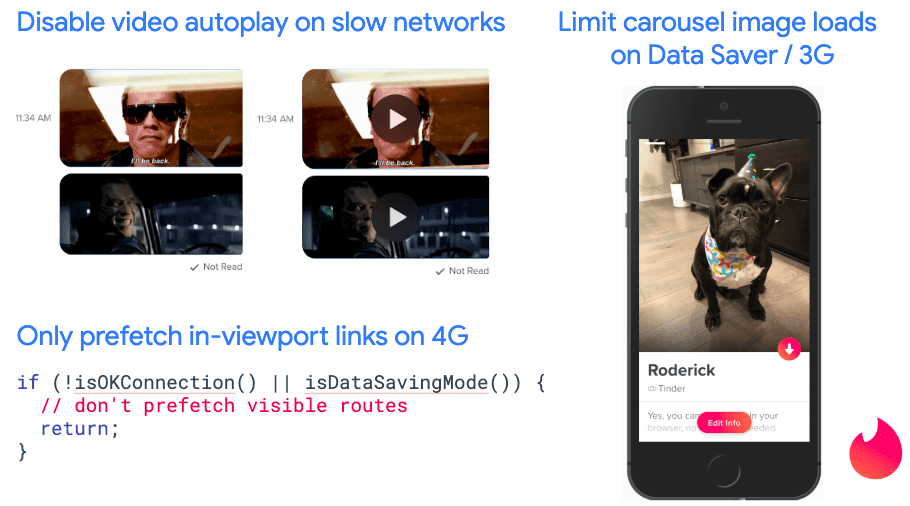 צילום מסך של שתי גרסאות של צ&#39;אט ב-Titnder: עם הפעלה אוטומטית של סרטון ועם סרטון עם שכבת-על של לחצן הפעלה. צילום מסך של פרופיל Tinder עם הכיתוב &#39;הגבלת תמונות קרוסלה ב-Data Saver או ב-3G&#39;. קטע קוד לשליפה מראש (prefetch) של סרטונים באזור תצוגה ב-4G בלבד.