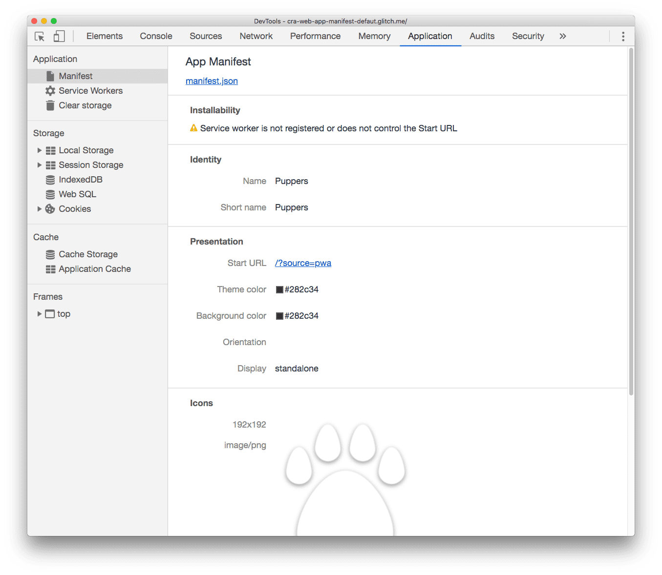 Tab Manifest DevTool menampilkan properti dari file manifes aplikasi.