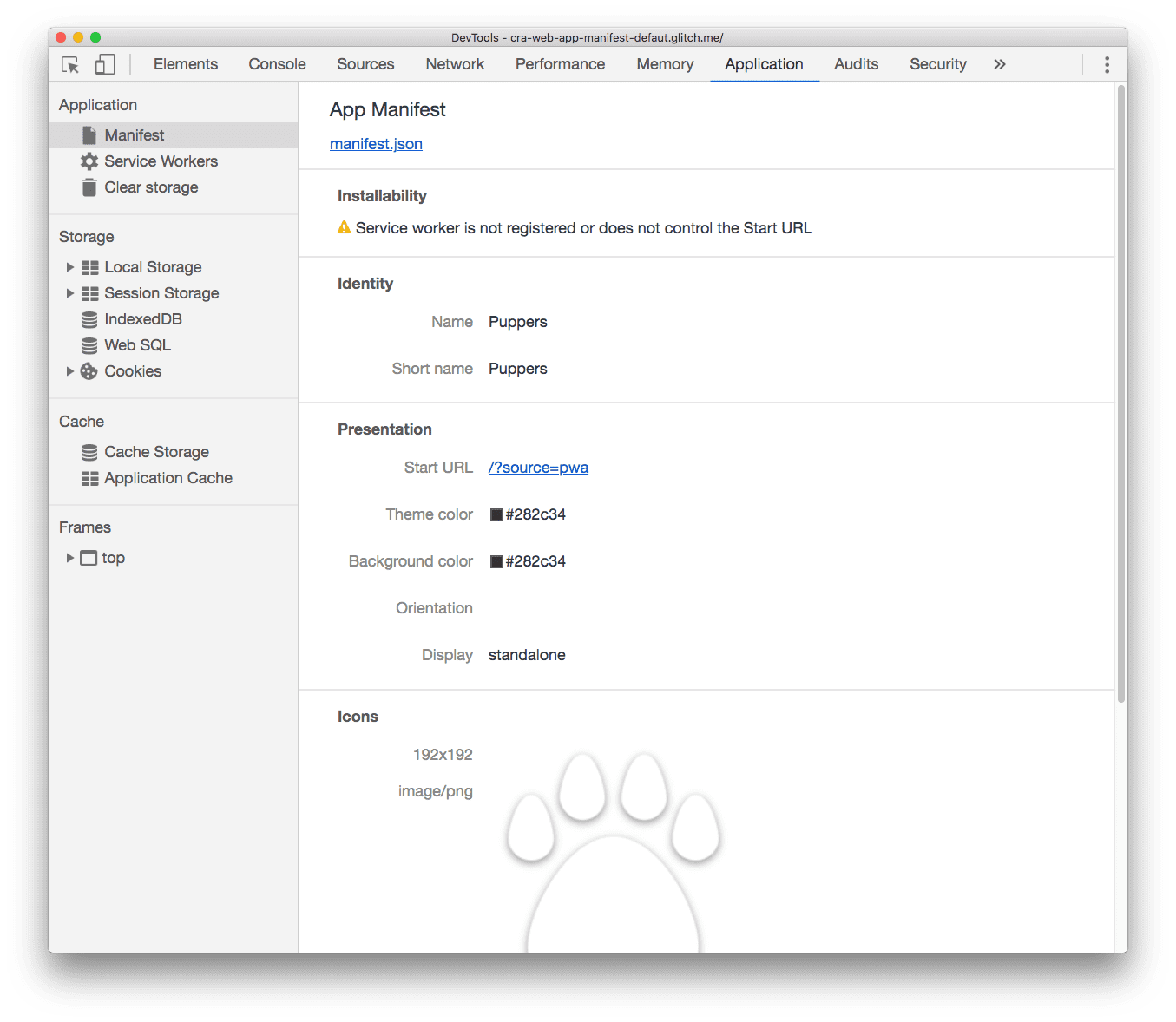 开发者工具的“Manifest”标签页显示应用清单文件中的属性。