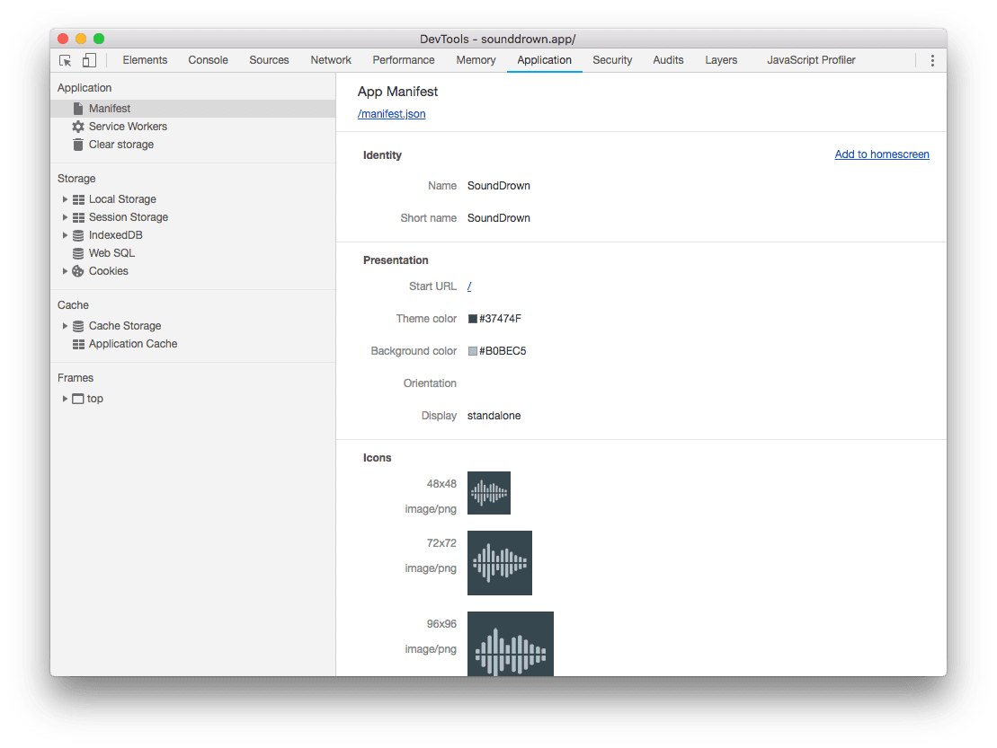 แผงแอปพลิเคชันในเครื่องมือสำหรับนักพัฒนาเว็บใน Chrome ที่เลือกแท็บไฟล์ Manifest