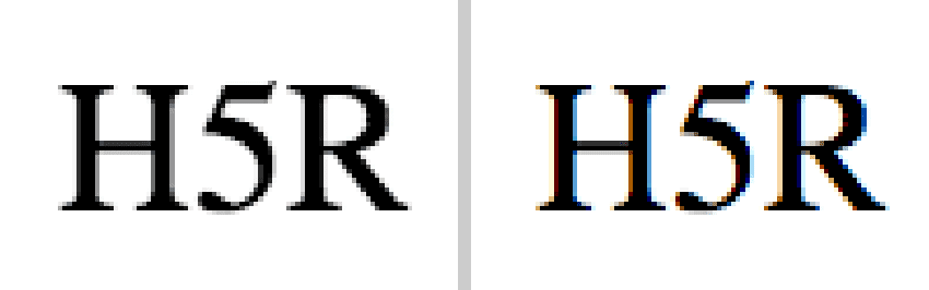 Rysunek 5. Przed i po: tryb szarości a subpiksel Zwróć uwagę na kolorowe obramowanie tekstu po prawej stronie.