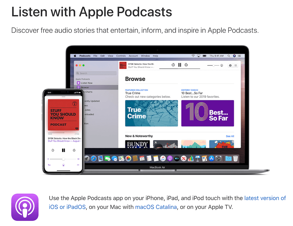 iPhone और MacBook, दोनों एक साथ दिख रहे हैं. दोनों पर Podcasts ऐप्लिकेशन चल रहा है.