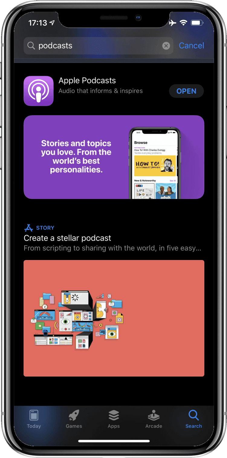 جستجوی «پادکستها» در اپ استور iOS، اپلیکیشن Podcasts را نمایش میدهد.