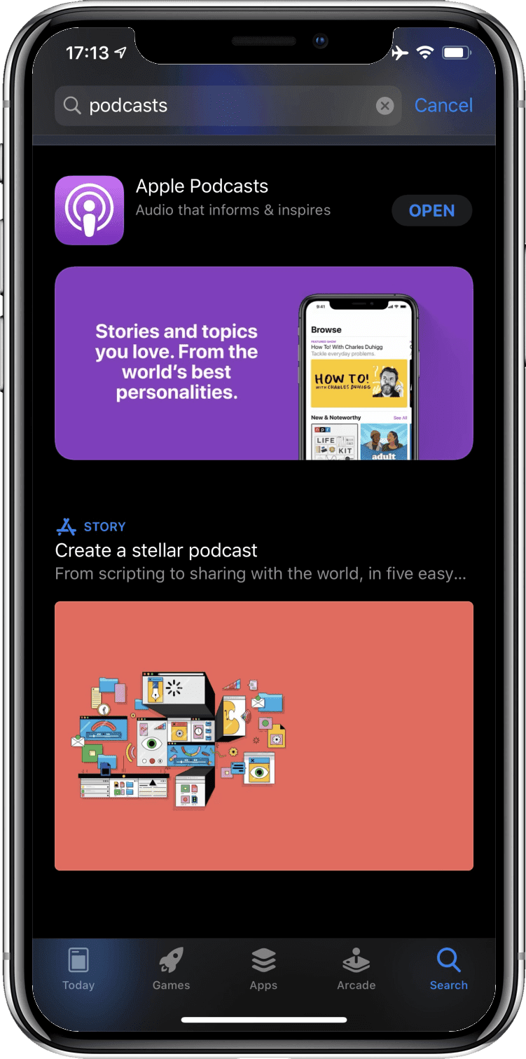 Wyszukanie słowa „podcasty” w sklepie z aplikacjami na iOS spowoduje wyświetlenie aplikacji Podcasty.