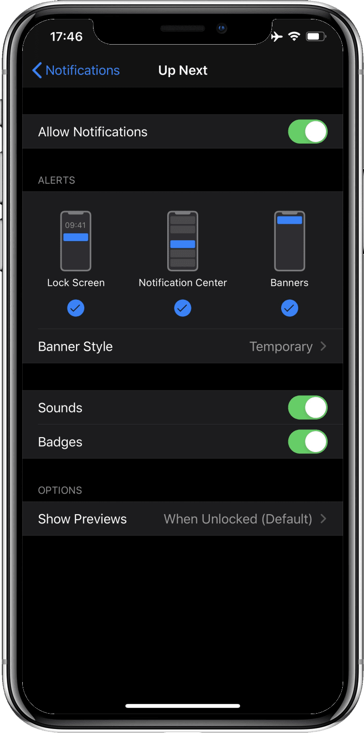 Ekran ustawień iOS z włączonym przełącznikiem „Plakietki”.