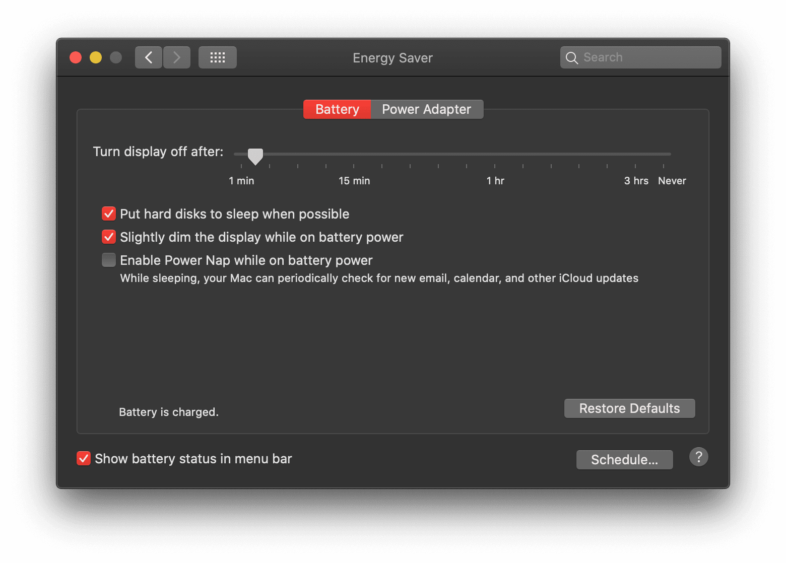 الإعدادات المفضّلة لنظام التشغيل macOS في قسم &quot;توفير البطارية&quot;