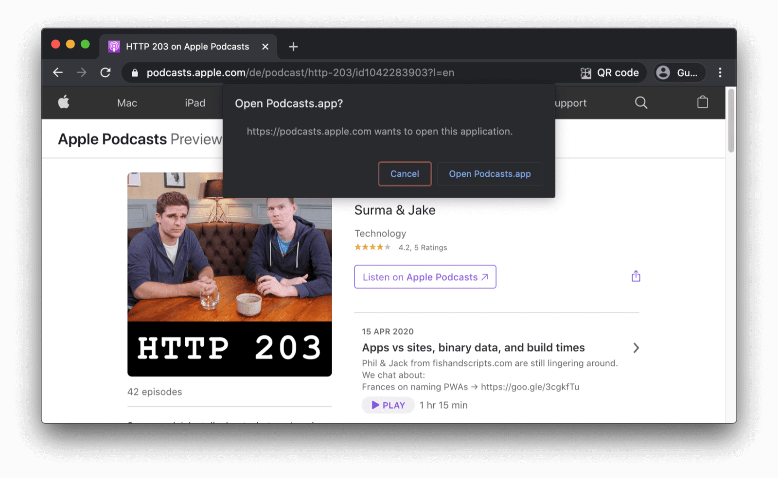 Chrome ब्राउज़र में, पुष्टि करने वाला डायलॉग दिखाया जा रहा है. इसमें, उपयोगकर्ता से पूछा जाएगा कि उन्हें Podcasts ऐप्लिकेशन खोलना है या नहीं.