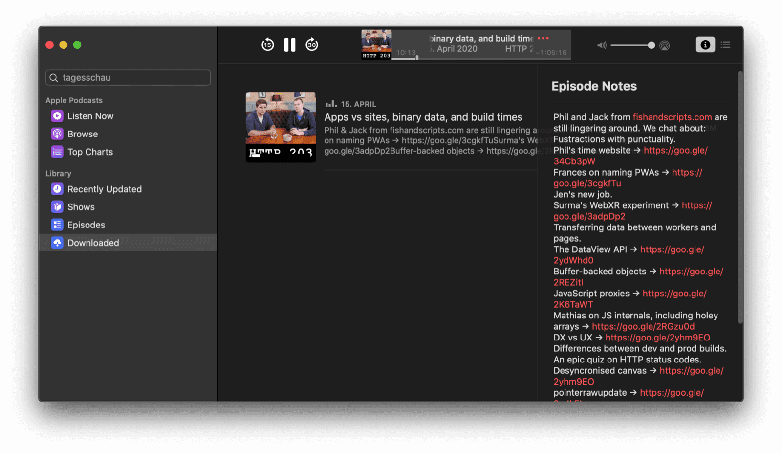 La app de Podcasts con el panel lateral &quot;Notas del episodio&quot; expandido.