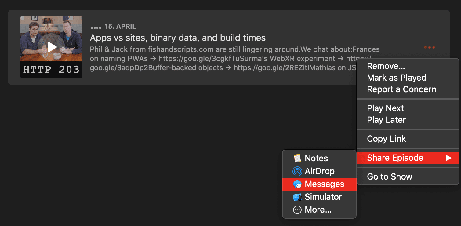 [エピソードを共有] > [メッセージ] オプションが選択されたポッドキャスト エピソードで呼び出される、Podcasts アプリのコンテキスト メニュー。