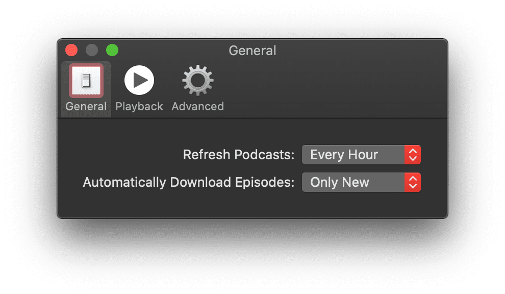 El menú de configuración de la app de Podcasts en la sección &quot;General&quot;, donde la opción &quot;Actualizar podcasts&quot; está establecida en &quot;Cada hora&quot;.