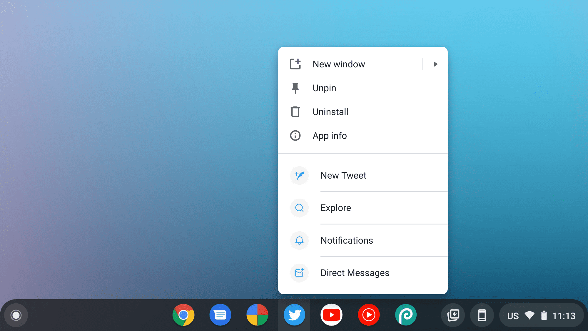 ChromeOS で開いたアプリのショートカット メニューのスクリーンショット