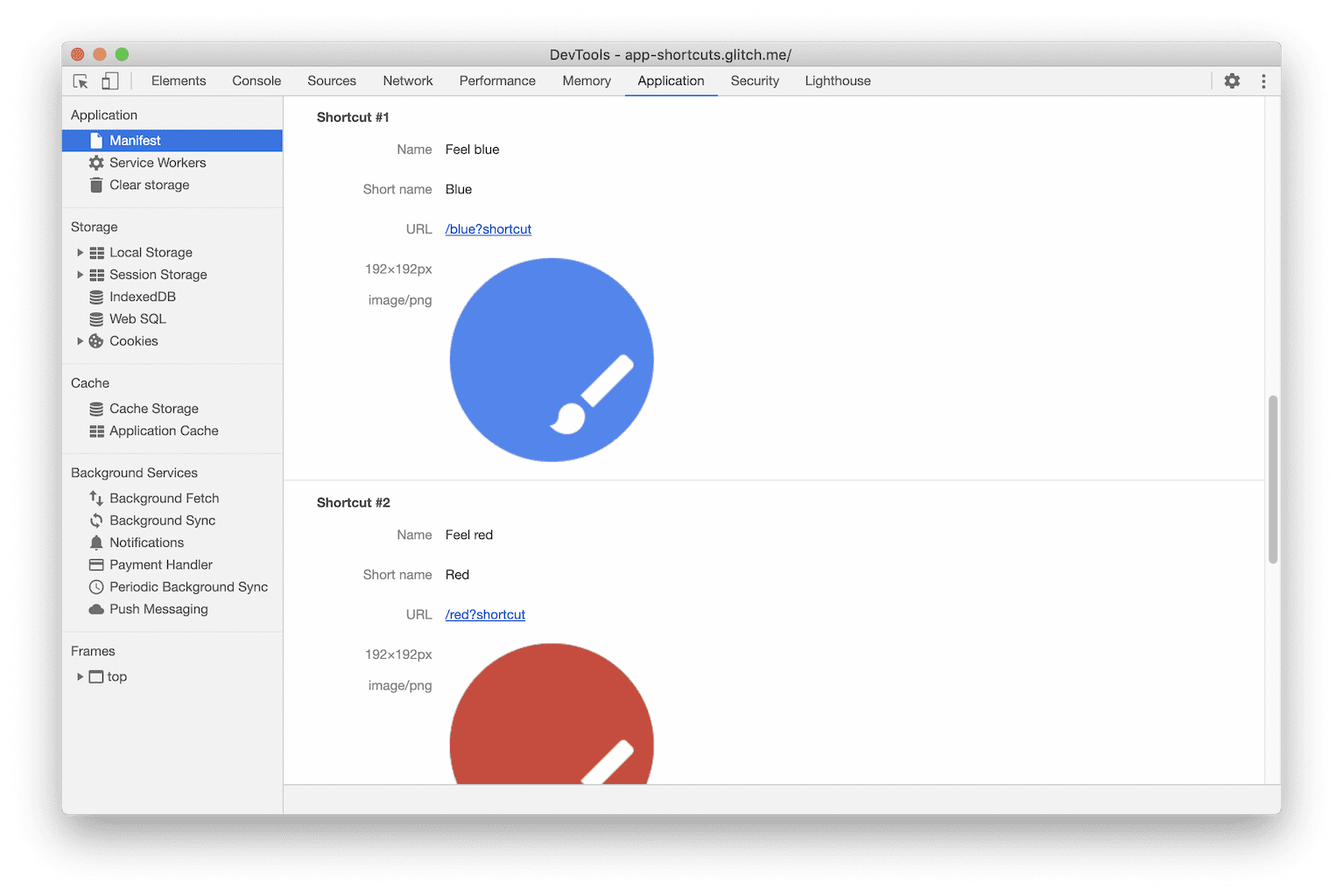 DevTools のアプリ ショートカットのスクリーンショット