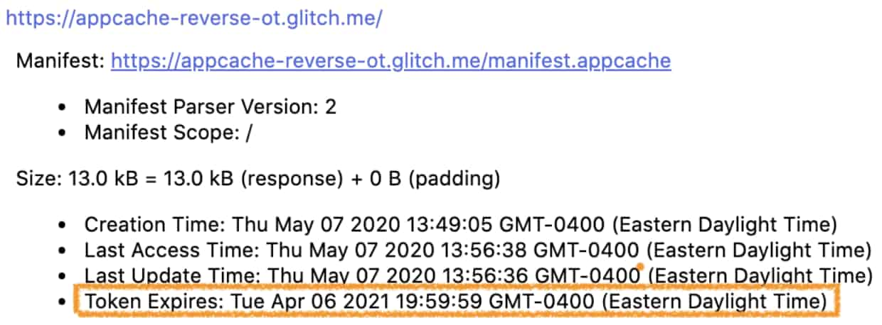 Interfaccia about://appcache-internals che mostra un token riconosciuto.