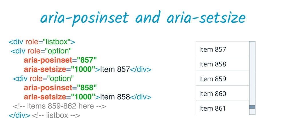 Sử dụng aria-posinset và aria-setsize để thiết lập một mối quan hệ trong một danh sách.