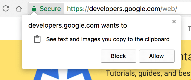 Prompt del browser che chiede all&#39;utente l&#39;autorizzazione per gli appunti.