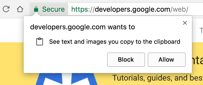Mensaje del navegador que le solicita al usuario el permiso del portapapeles.