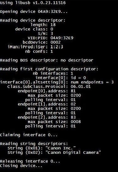 Screenshot of libusb
debug output on a web page, showing information about the connected Canon camera