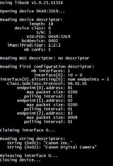 Zrzut ekranu z wyjściami polecenia debugowania libusb na stronie internetowej, zawierający informacje o podłączonym aparacie Canon