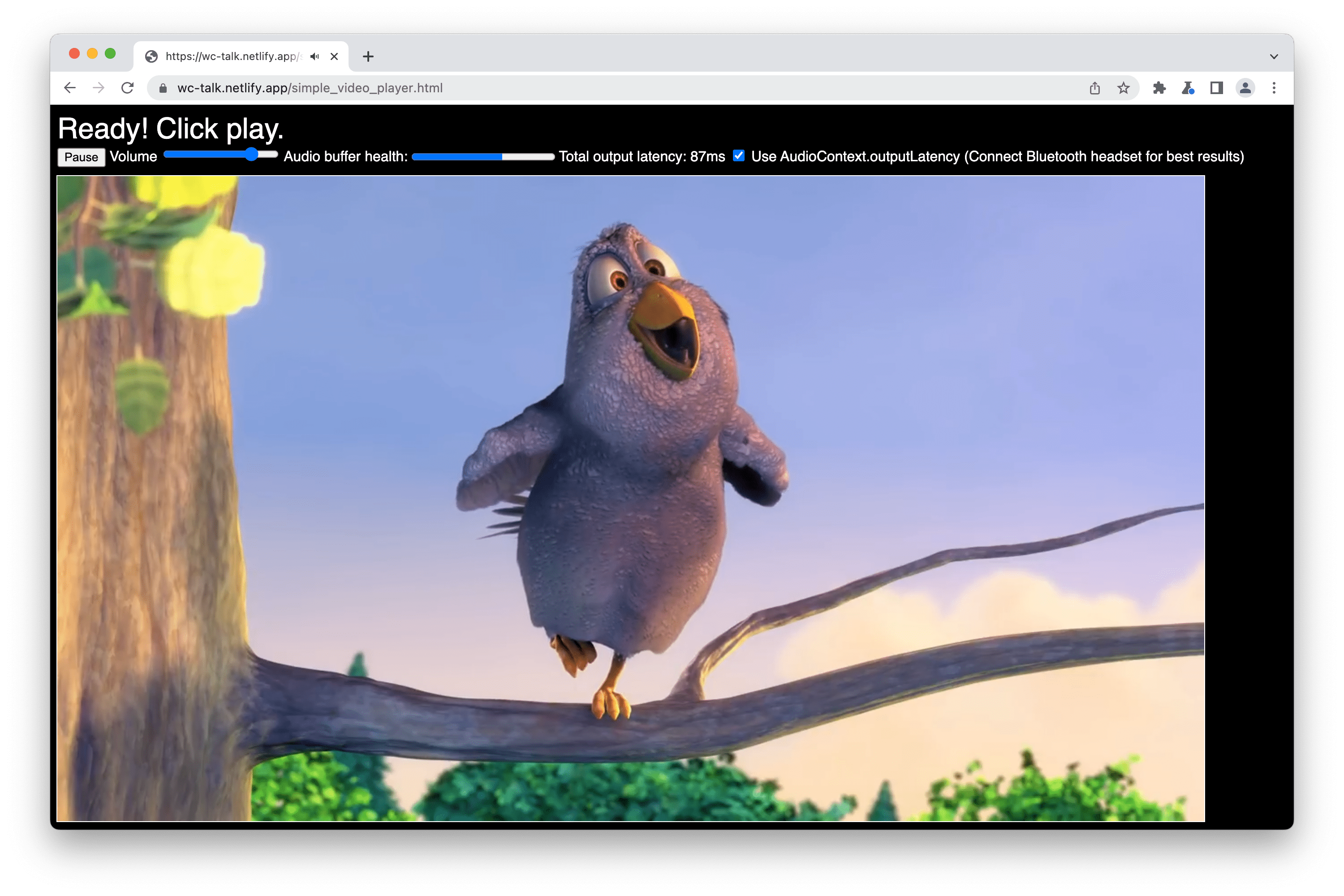 A screenshot of the demo, which is of an embedded video with audio controls for volume, audio buffer health, total output latency, and a checkbox to use AudioContext.outputLatency.