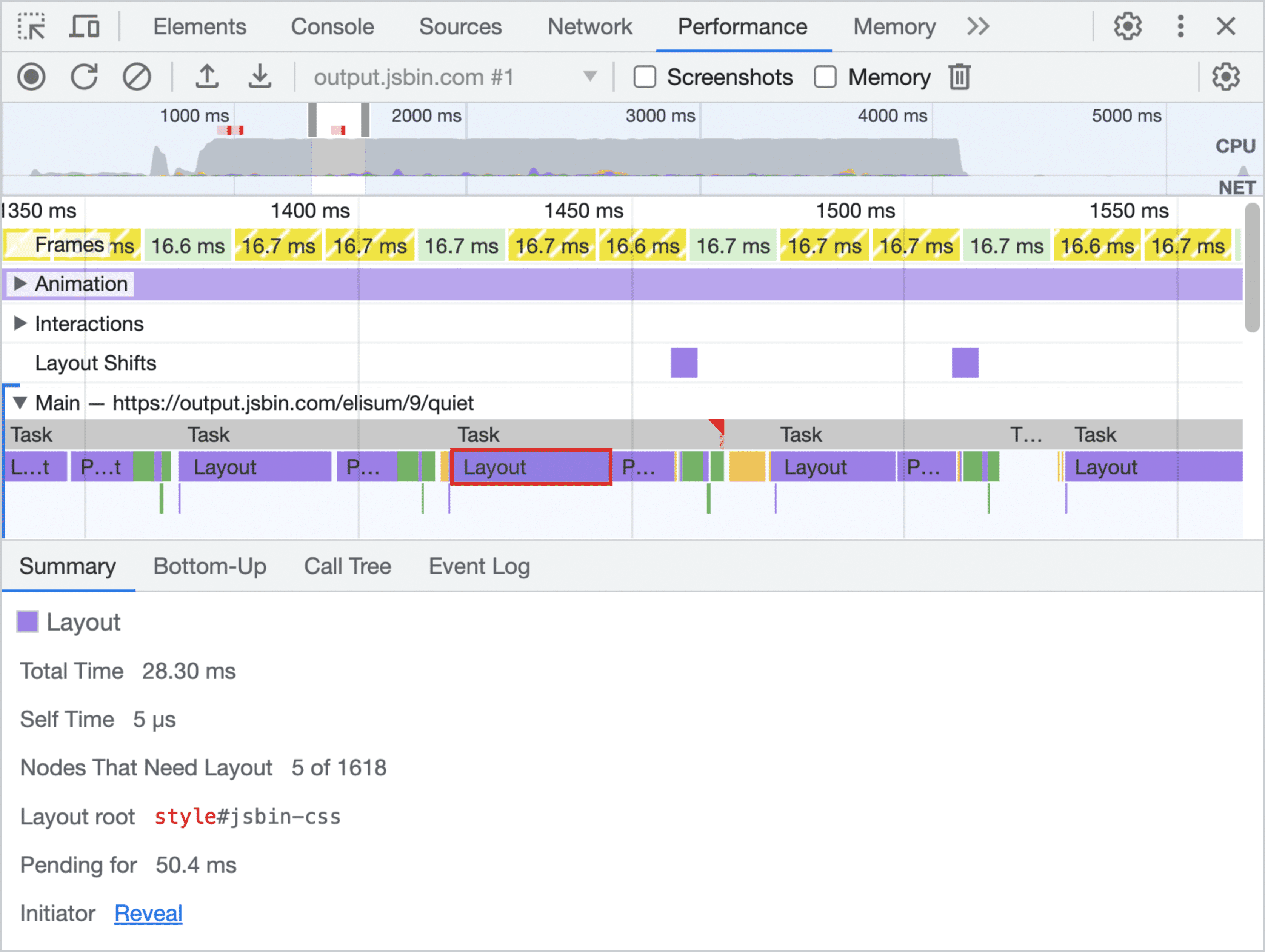 DevTools에서 레이아웃에 오랜 시간이 표시됩니다.