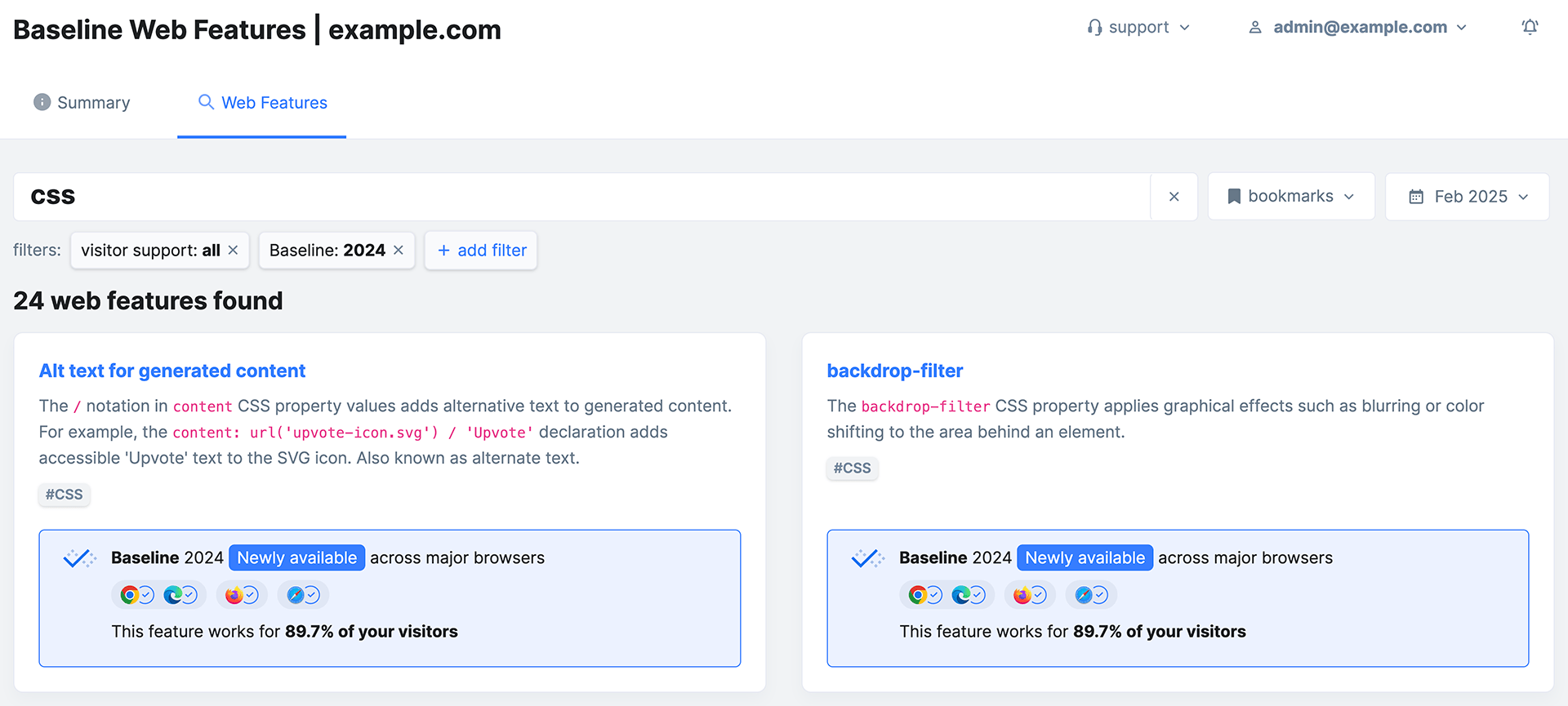 RUMvision 的 Baseline 實作功能可在產品資訊主頁中顯示網頁功能的支援資訊，讓使用者搜尋個別網頁功能或 Baseline 功能組合的實際支援資料。