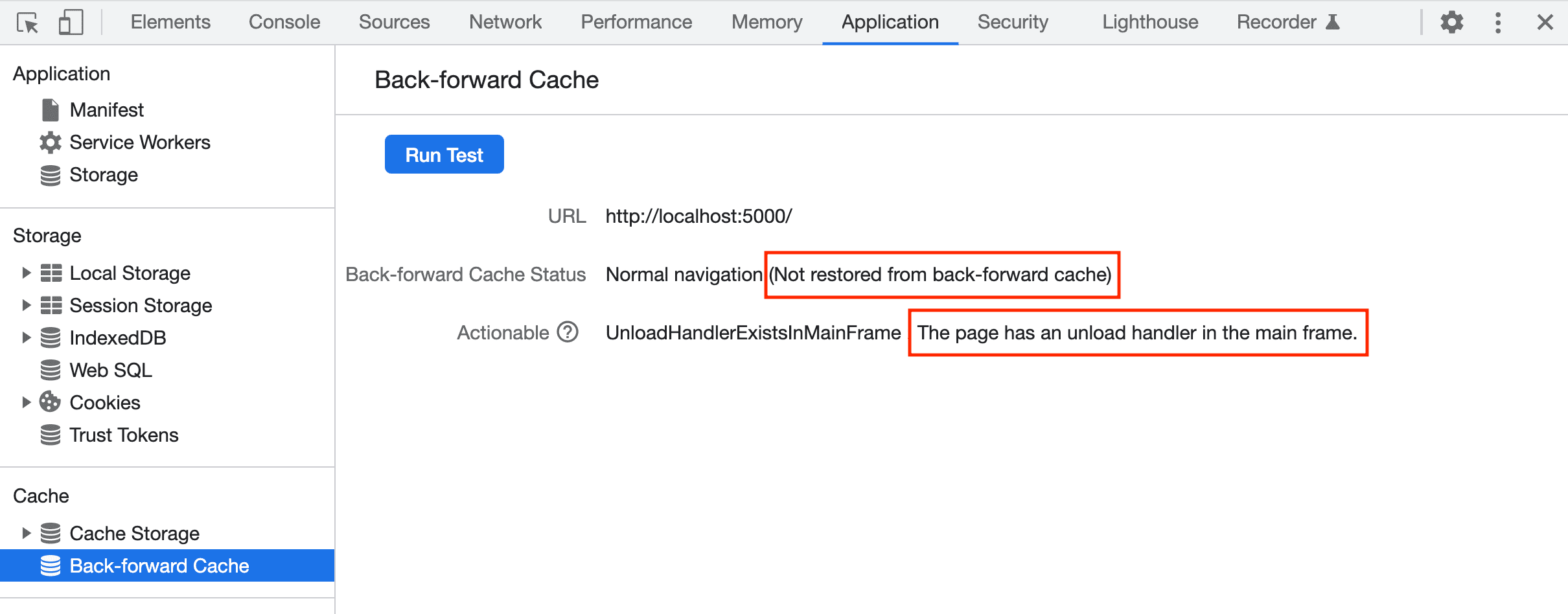 DevTools で bfcache からページを復元できないと報告される