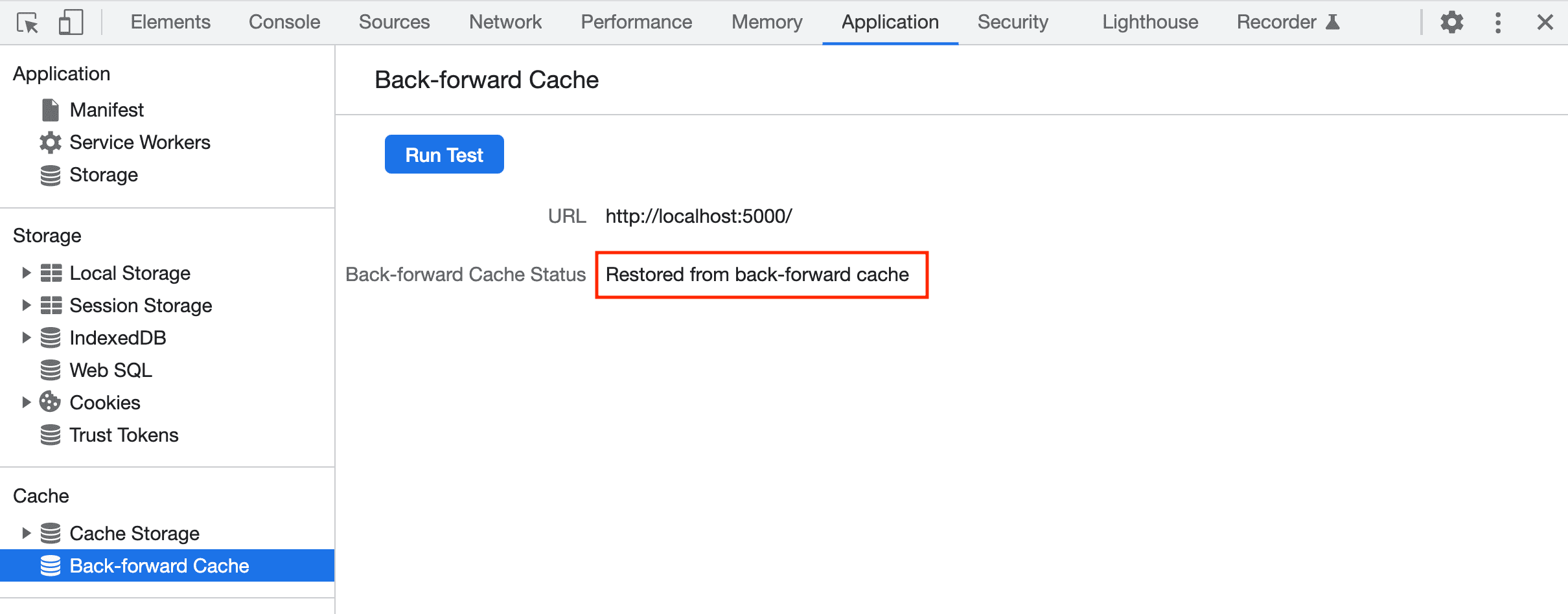 เครื่องมือสำหรับนักพัฒนาเว็บรายงานว่ากู้คืนหน้าจาก bfcache สำเร็จแล้ว