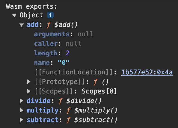 Captura de tela do console do DevTools das exportações do módulo da WebAssembly mostrando quatro funções: adição, divisão, multiplicação e subtração (mas não o código morto não exposto).