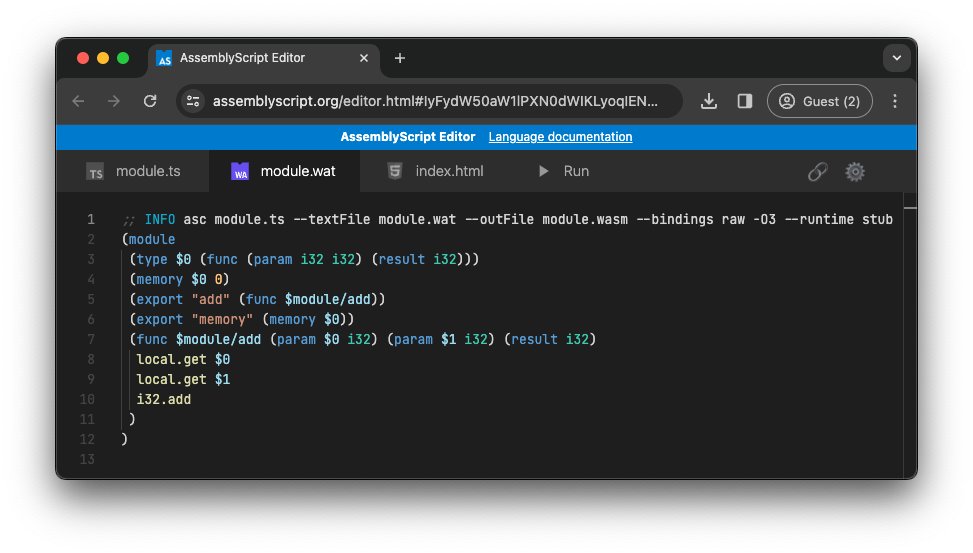 พื้นที่ทํางาน AssemblyScript ที่แสดงโค้ด WebAssembly ที่สร้างขึ้นตามตัวอย่างก่อนหน้า