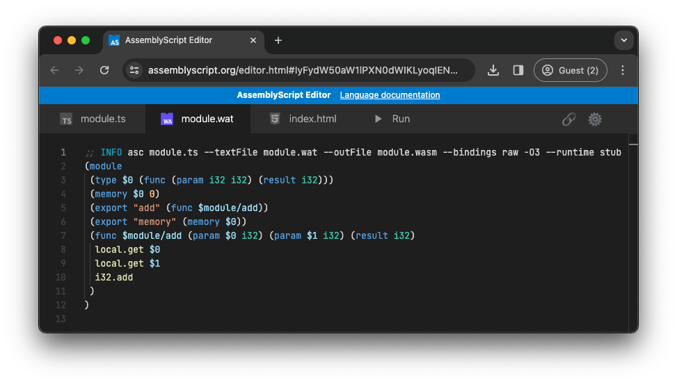AssemblyScript Playground 顯示依據上一個範例產生的 WebAssembly 程式碼。