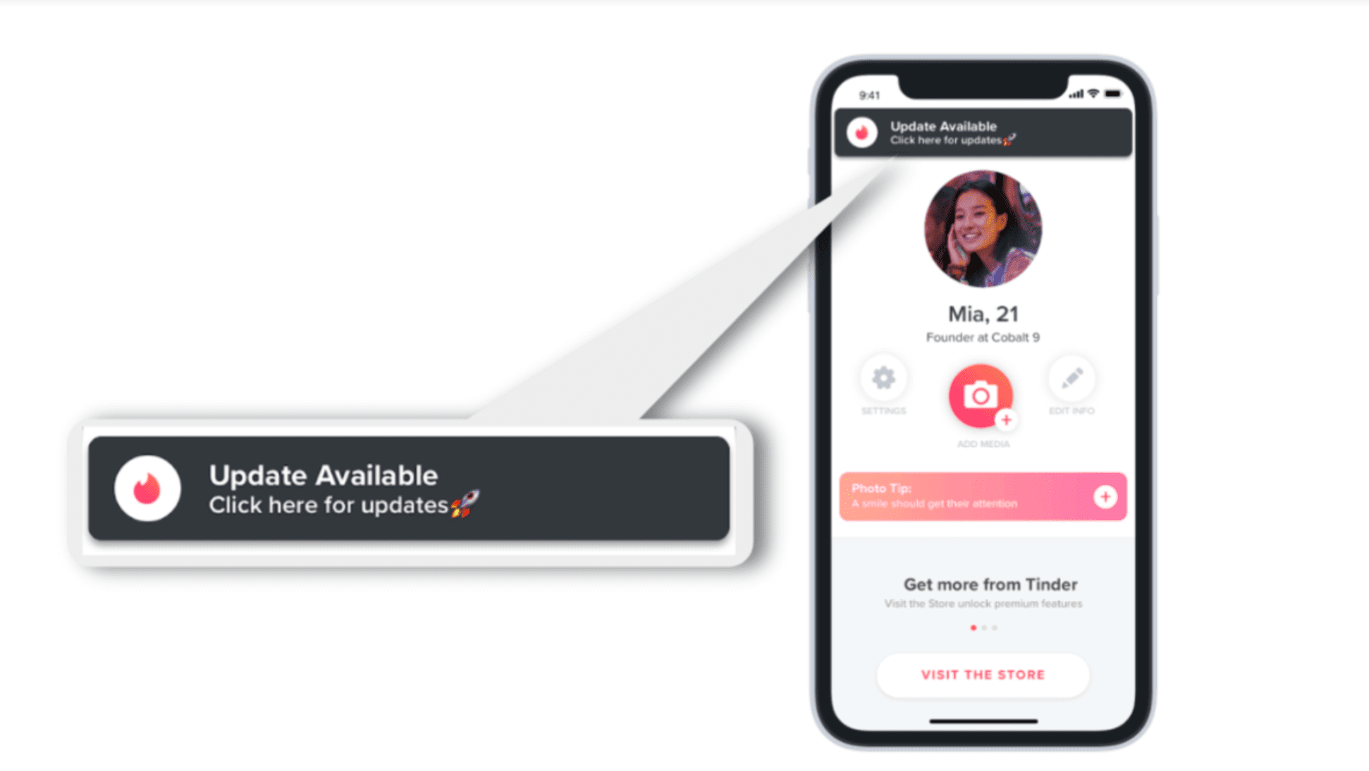 Uma captura de tela da &quot;Atualização disponível&quot; do webapp do Tinder funcionalidade de armazenamento.