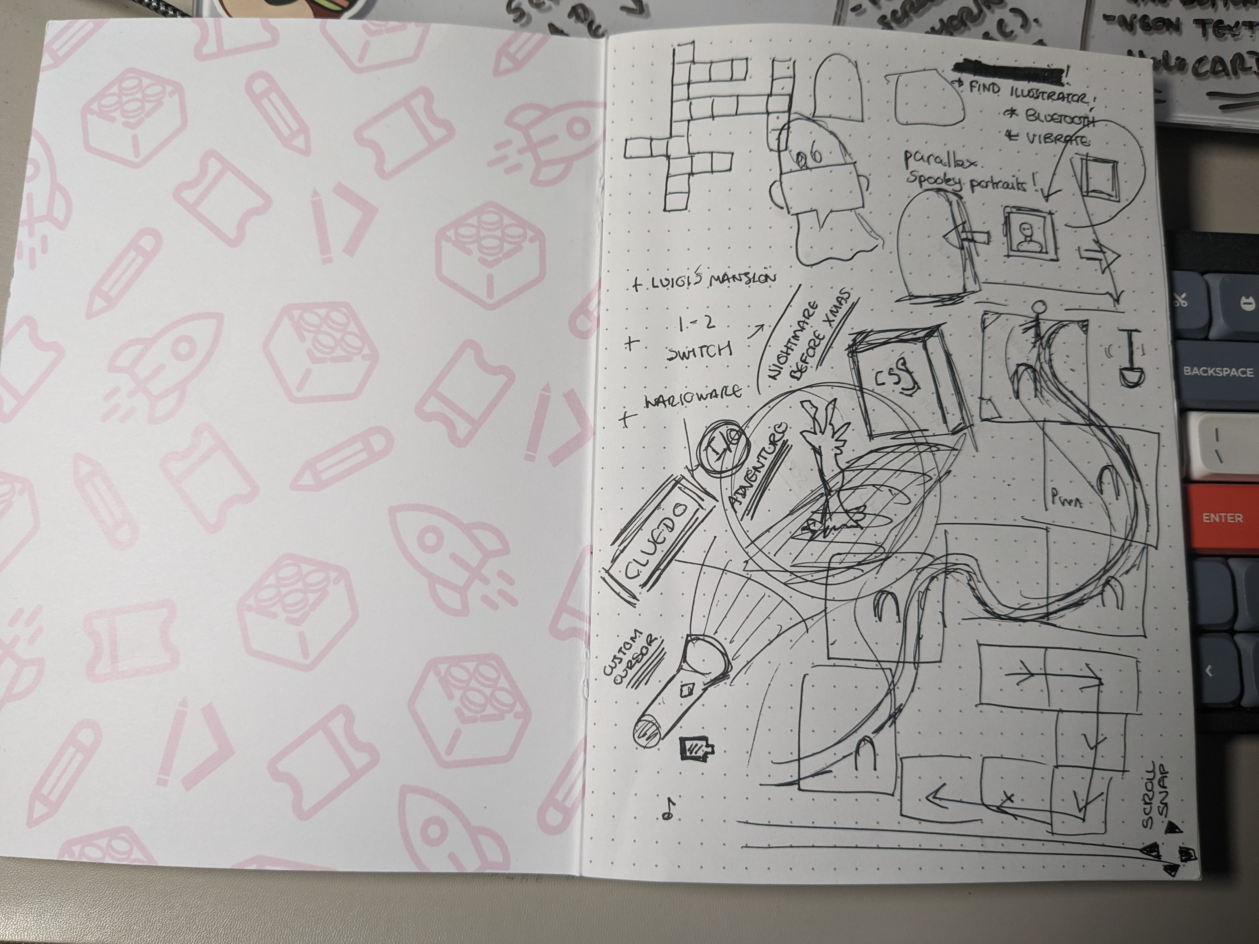 Un carnet est posé sur un bureau et contient divers doodles et gribouillis en lien avec le projet.