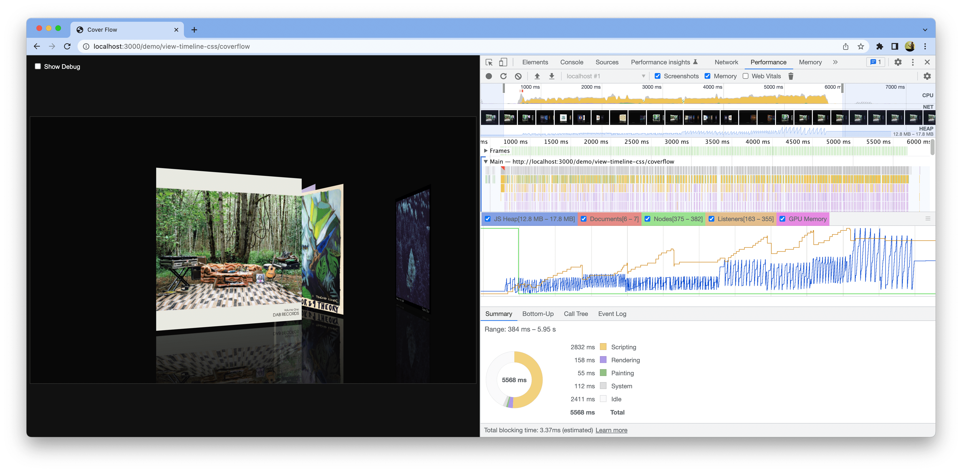 Captura de pantalla de una demostración abierta en Chrome. Las Herramientas para desarrolladores son abiertas y muestran una medición de rendimiento de referencia.