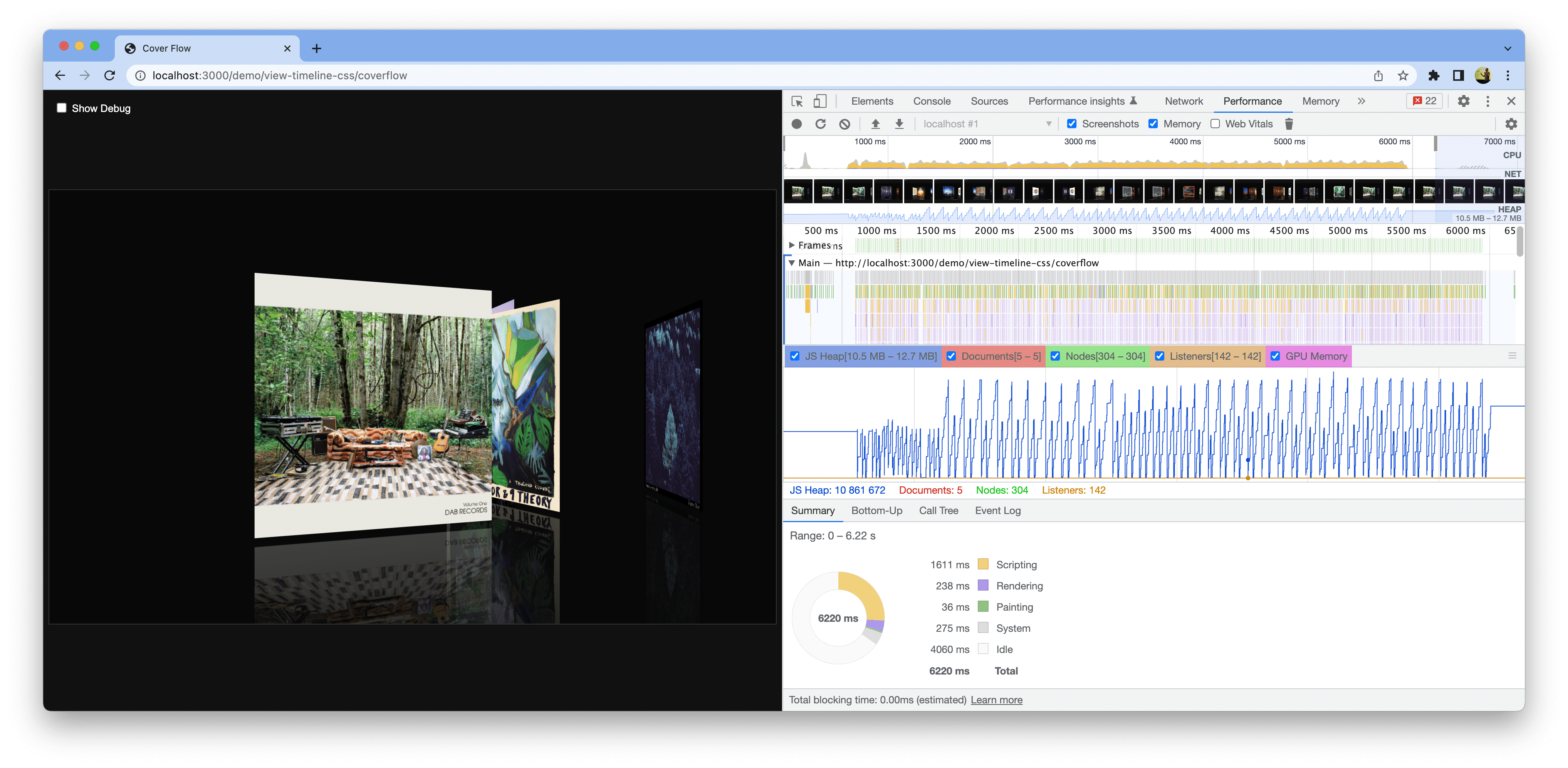 螢幕截圖顯示在 Chrome 中開啟的示範畫面。開發人員工具隨即開啟，顯示效能評估的改進。