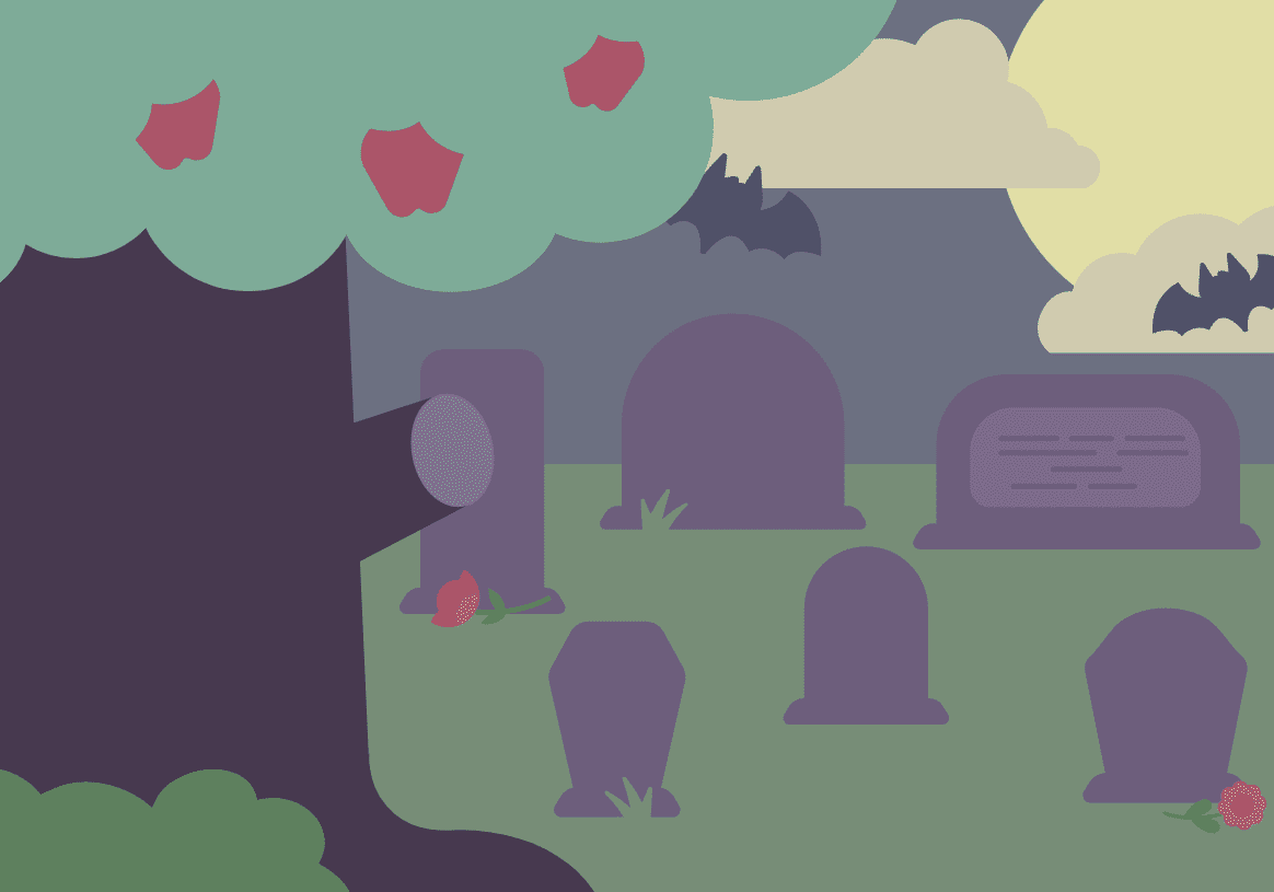 Ilustración de un libro que muestra una página de un manzano en un cementerio El cementerio tiene varias lápidas y hay un murciélago en el cielo frente a una gran luna.