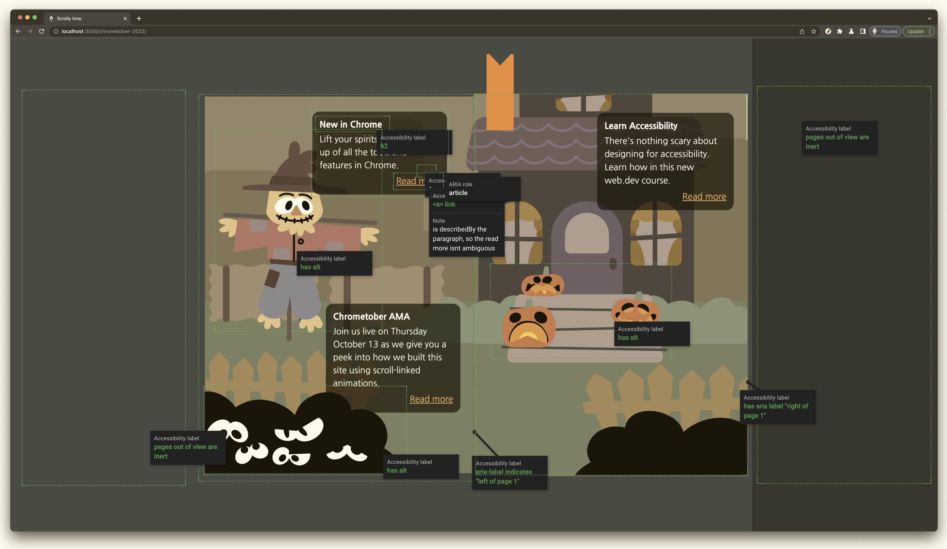 Screenshot buku Chrometober terbuka. Kotak bergaris tepi hijau disediakan di berbagai aspek UI, yang menjelaskan fungsi aksesibilitas yang diinginkan dan hasil pengalaman pengguna yang akan diberikan halaman. Misalnya, gambar memiliki teks alternatif. Contoh lainnya adalah label aksesibilitas yang menyatakan bahwa halaman di luar tampilan bersifat inert. Selengkapnya diuraikan dalam screenshot.